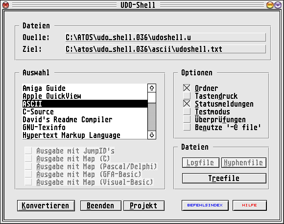 Der Hauptdialog von der UDO-Shell 0.36ß